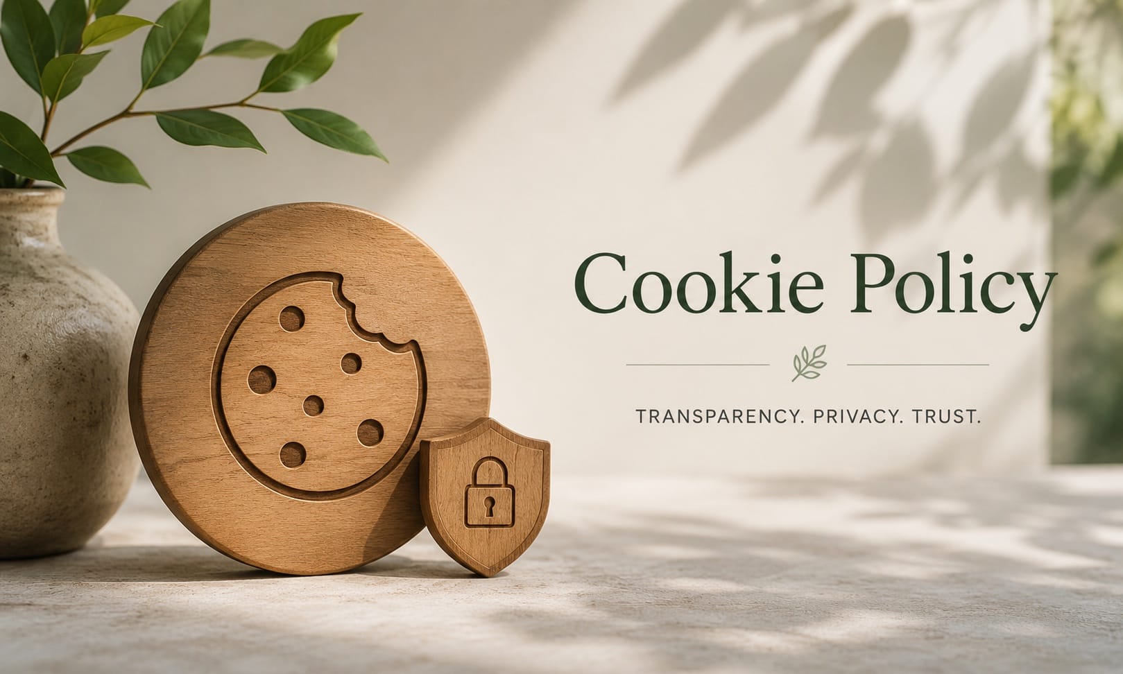 Minimal cookie policy illustration with wooden cookie and privacy shield on a calm natural background