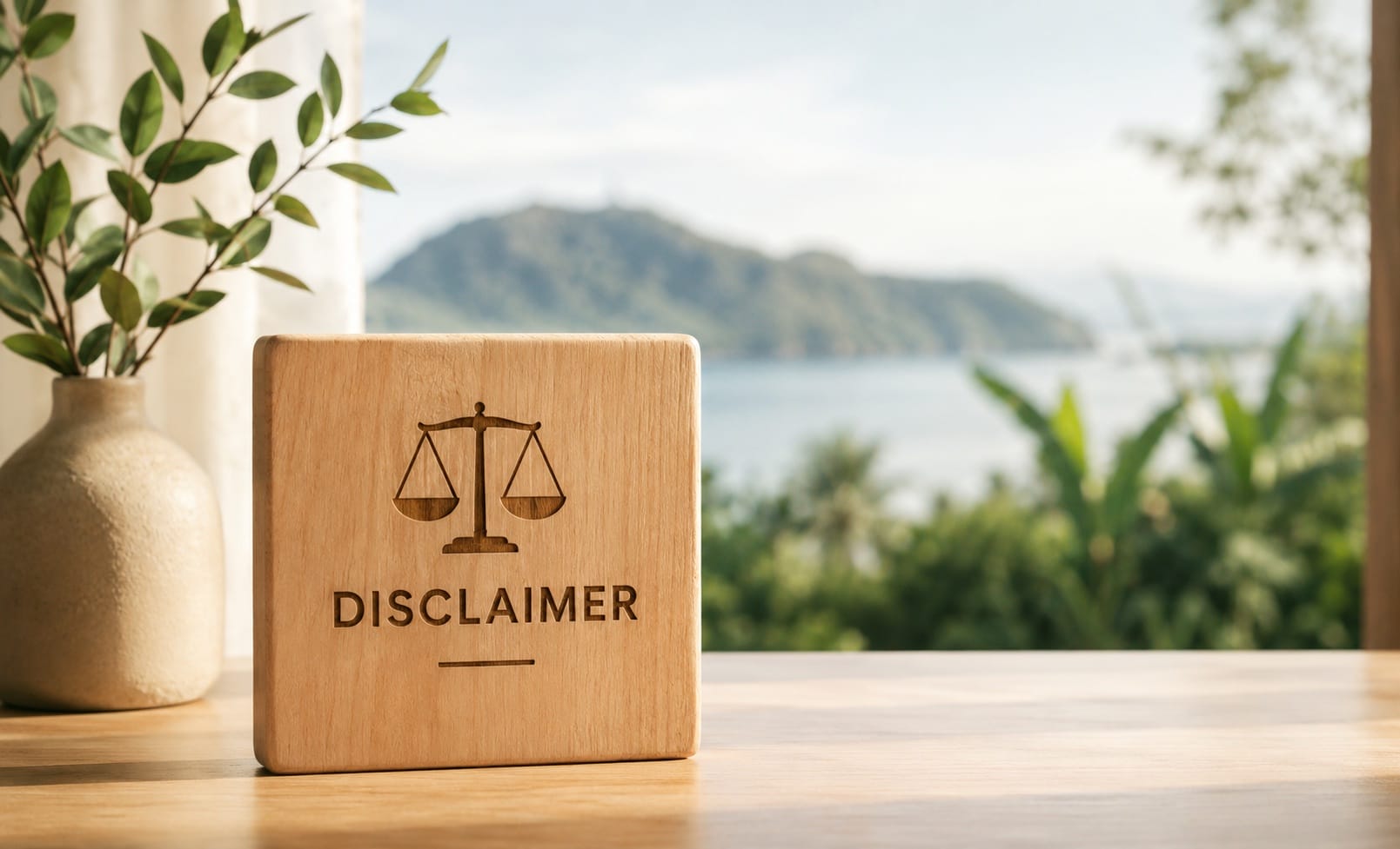 Minimal disclaimer illustration with wooden legal symbol in a calm natural setting
