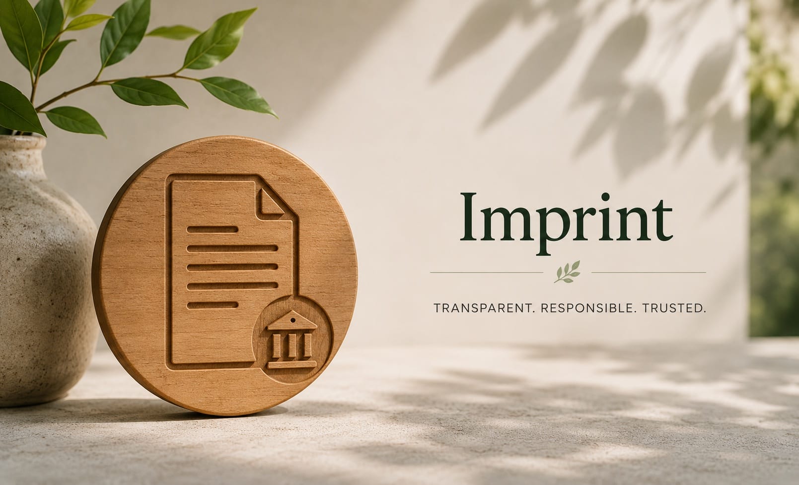Minimal imprint illustration with wooden legal document symbol in a calm natural setting