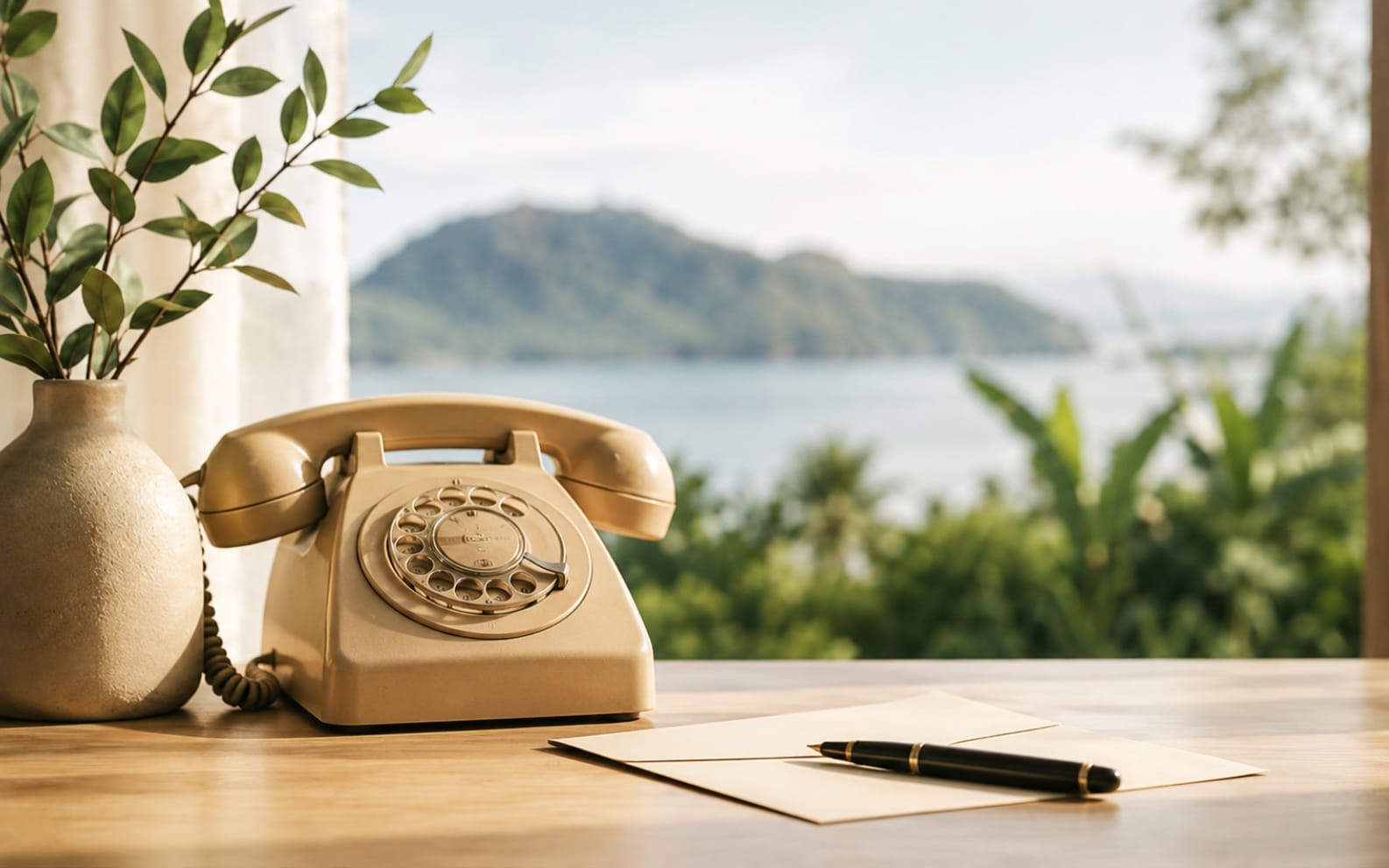 Vintage telephone and letter on wooden table with tropical Phuket view representing contact and counseling support