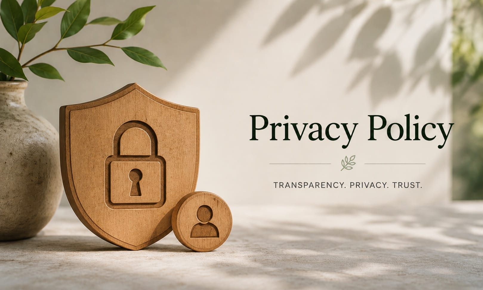 Minimal privacy policy illustration with wooden privacy shield and lock symbol in a calm natural setting
