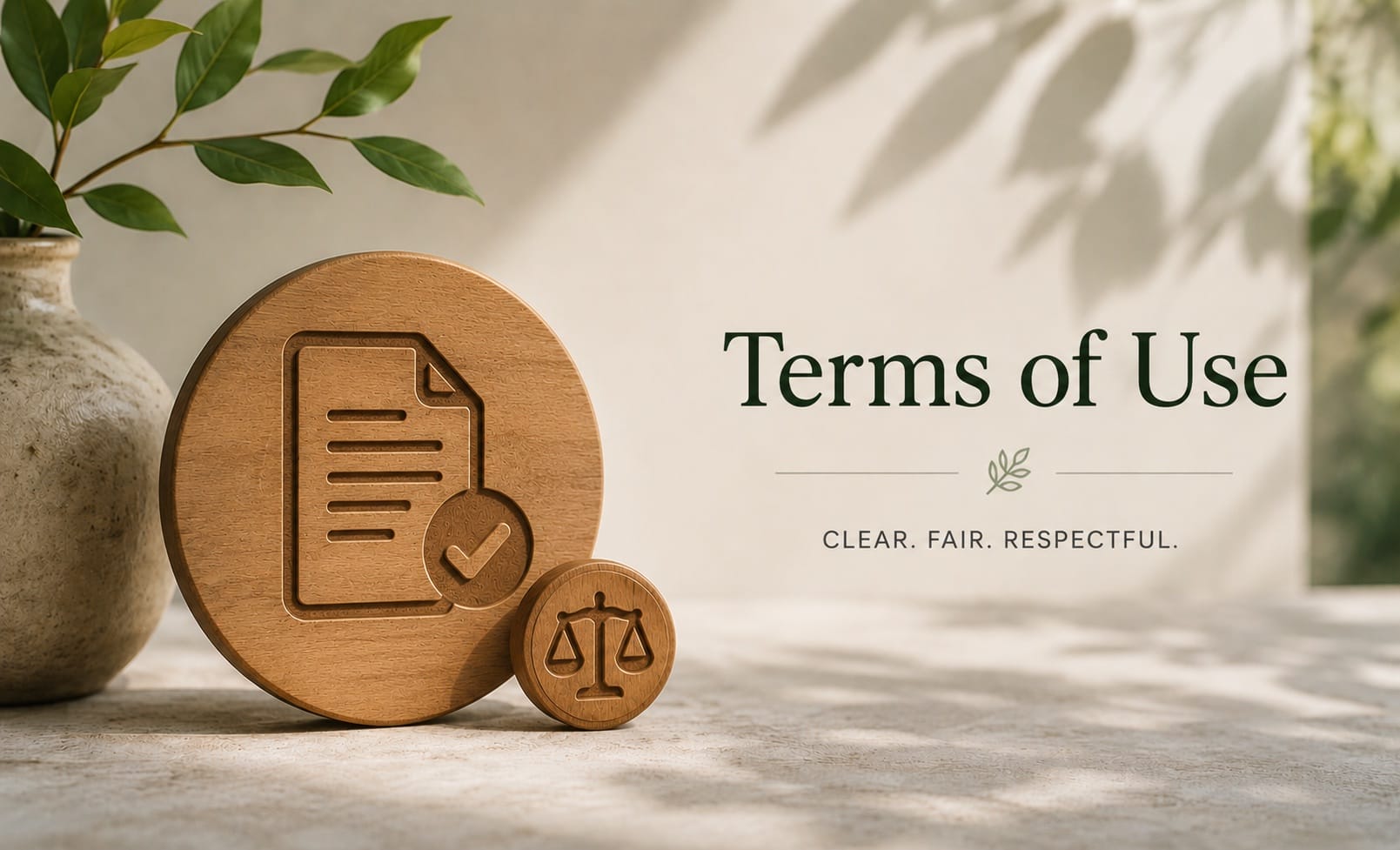 Minimal terms of use illustration with wooden legal document and balance symbol in a calm natural setting